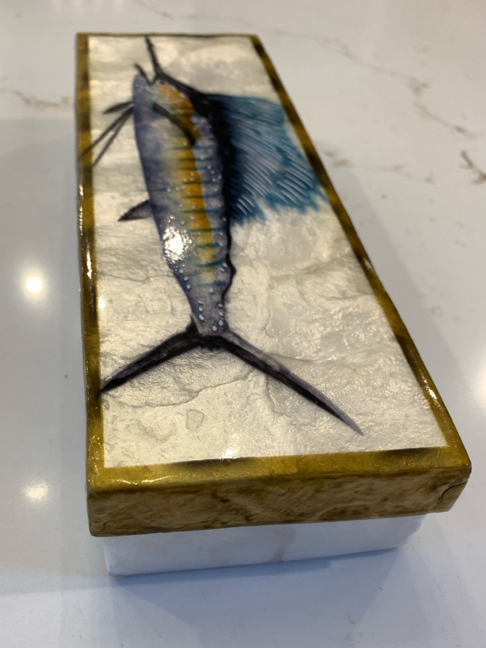 Capiz Shell Sailfish Decorative Box in Iridescent Mother Of Pearl 9” - Picture 9 of 9